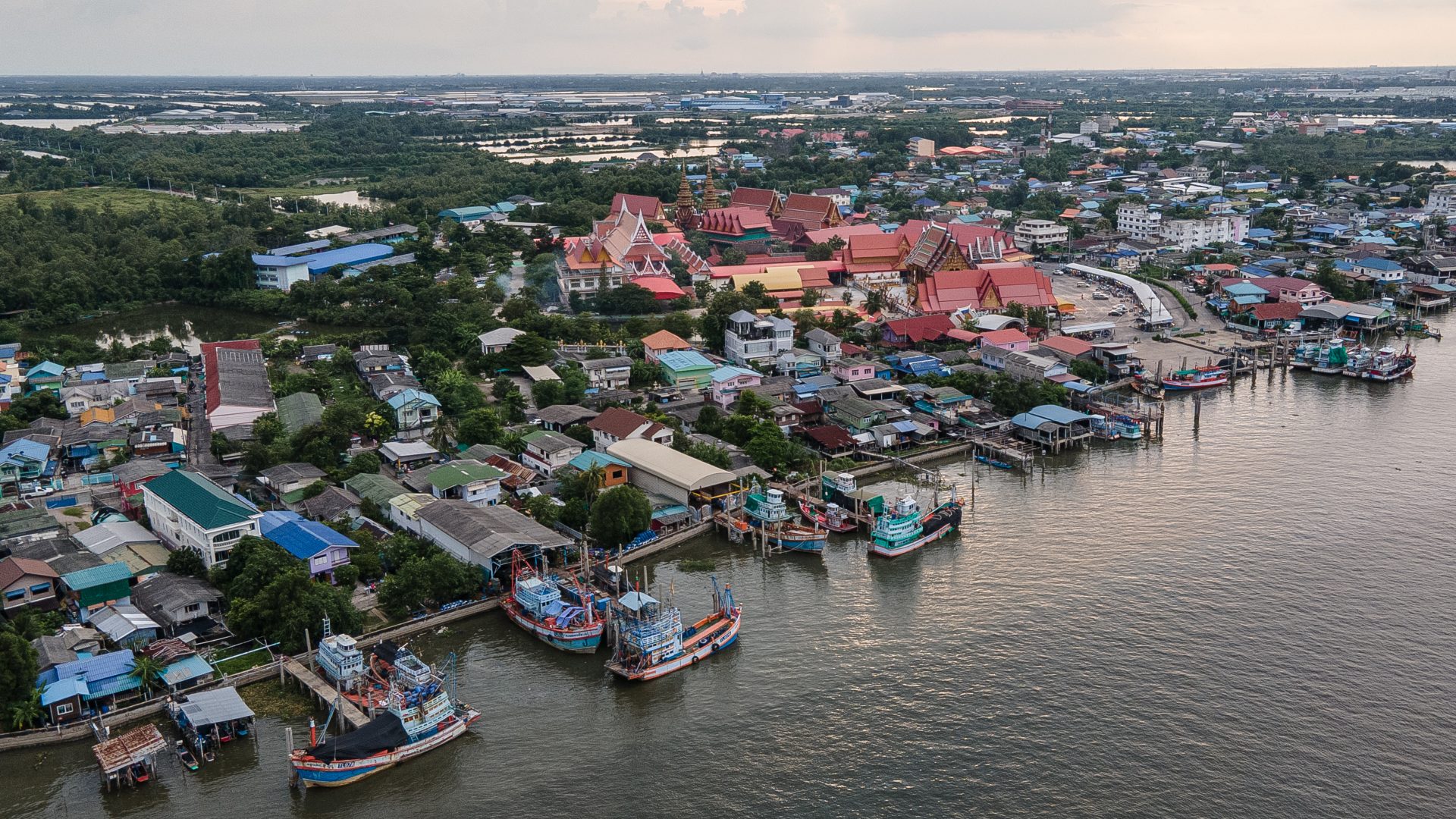Aerial image of fishing boats at dock