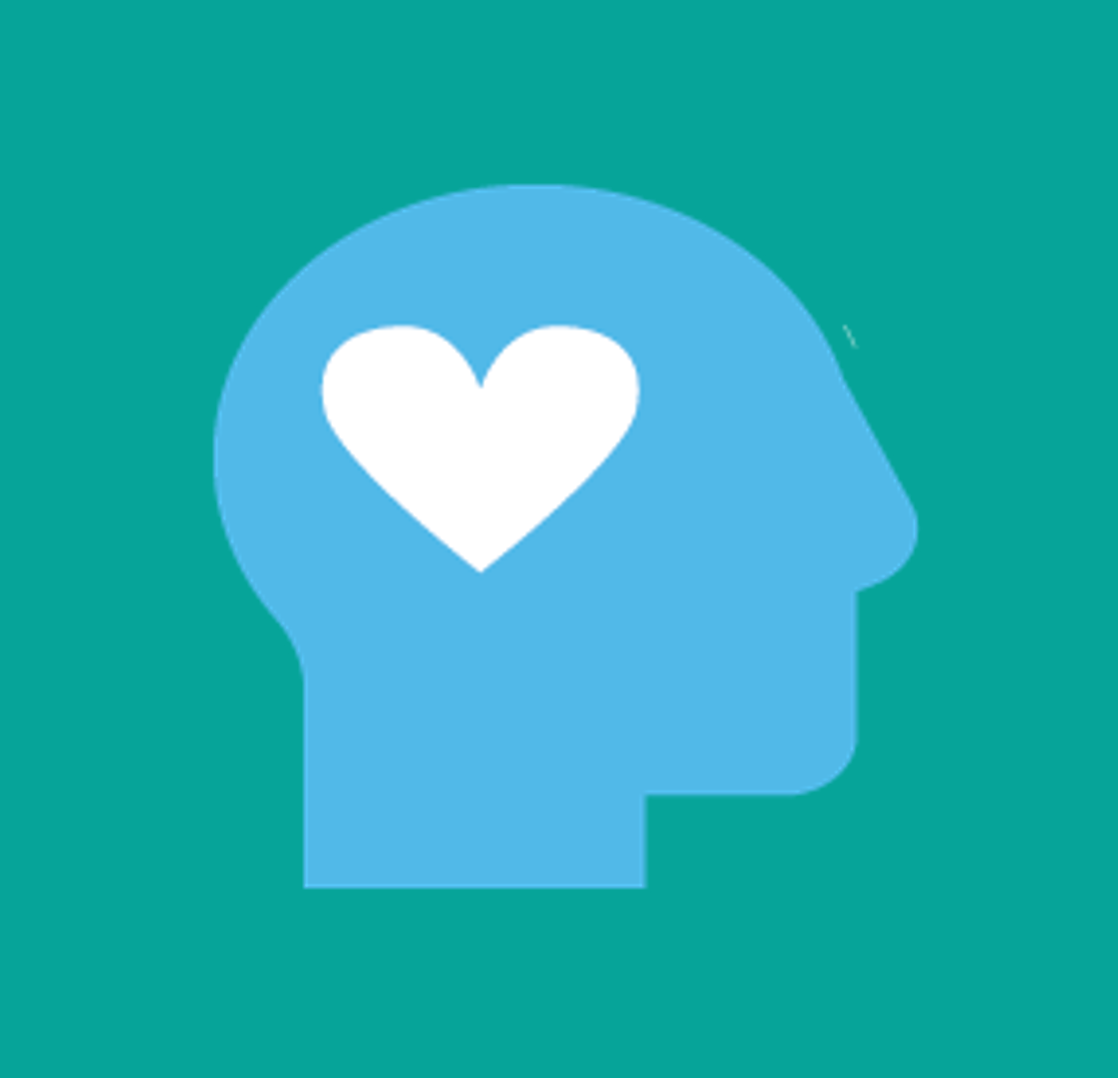 Abstract profile view of human face with white heart in the middle. Green background.